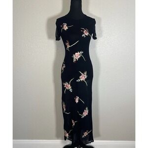 Vtg‎ 90s Cache Dress Black Knit Sheer XS Embroidered Floral Bodycon Whimsigoth